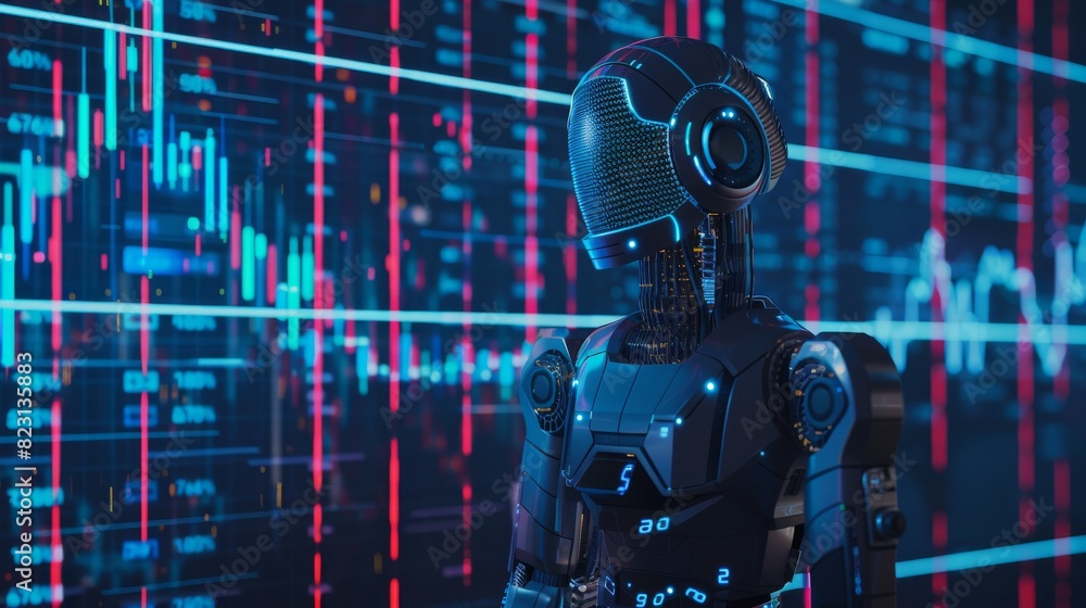 Poster a robot ai trader analyzes a chart of a stock exchange market. a robot trader assistant on the forex
