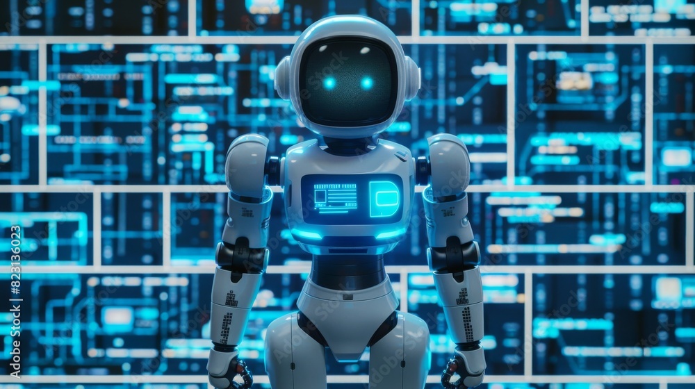 Poster children's robototechnics education concept. humanoid robot construction and coding online. children