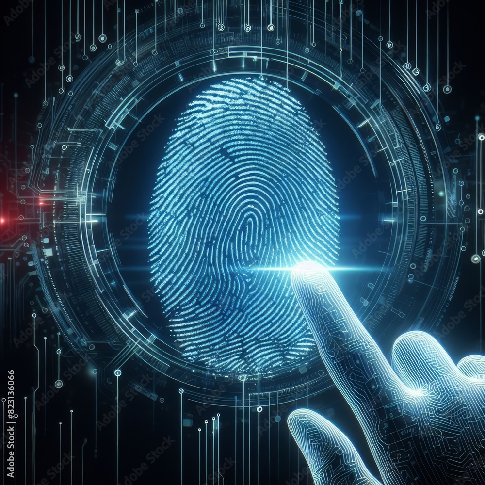 Poster a digital fingerprint displayed within a futuristic interface, representing advanced security and bi