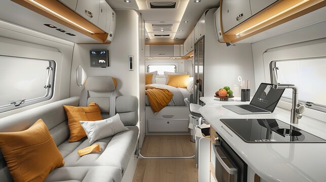 A large white RV with a kitchen, living room, and bathroom