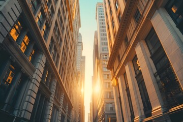 City street at sunset with tall buildings illuminated by golden light
