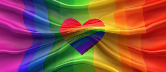 Wide Pride flag gradient with a heart in rainbow colors, designed for personalized text.