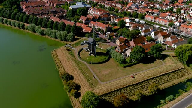 Aerial view of a mill in the fortified city of Brielle, South Holland, Netherlands.