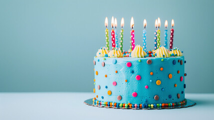 A birthday cake with colorful candles against a pastel blue background.
