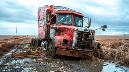 A red semi truck is stuck in the snow