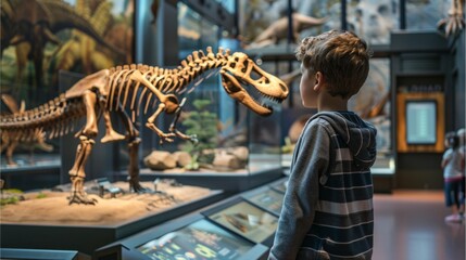 A young student visiting a museum, standing in awe before a dinosaur skeleton exhibit