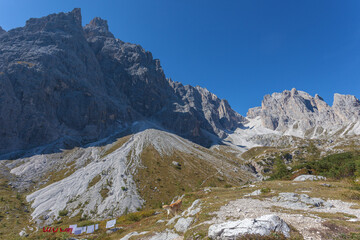 Fototapeta premium Rocky dolomite peaks overlooking the Vallon Popera in Comelico region with green meadows, blue sky, the hanging clothes of the Berti Hut and a dog, Dolomites, Italy