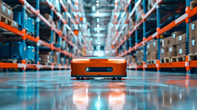 Autonomous mobile robots (AMRs) working seamlessly with human workers in a dynamic, AI-driven warehouse environment.