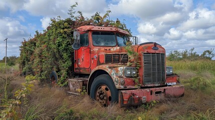 Fototapeta premium An old red truck covered in vines