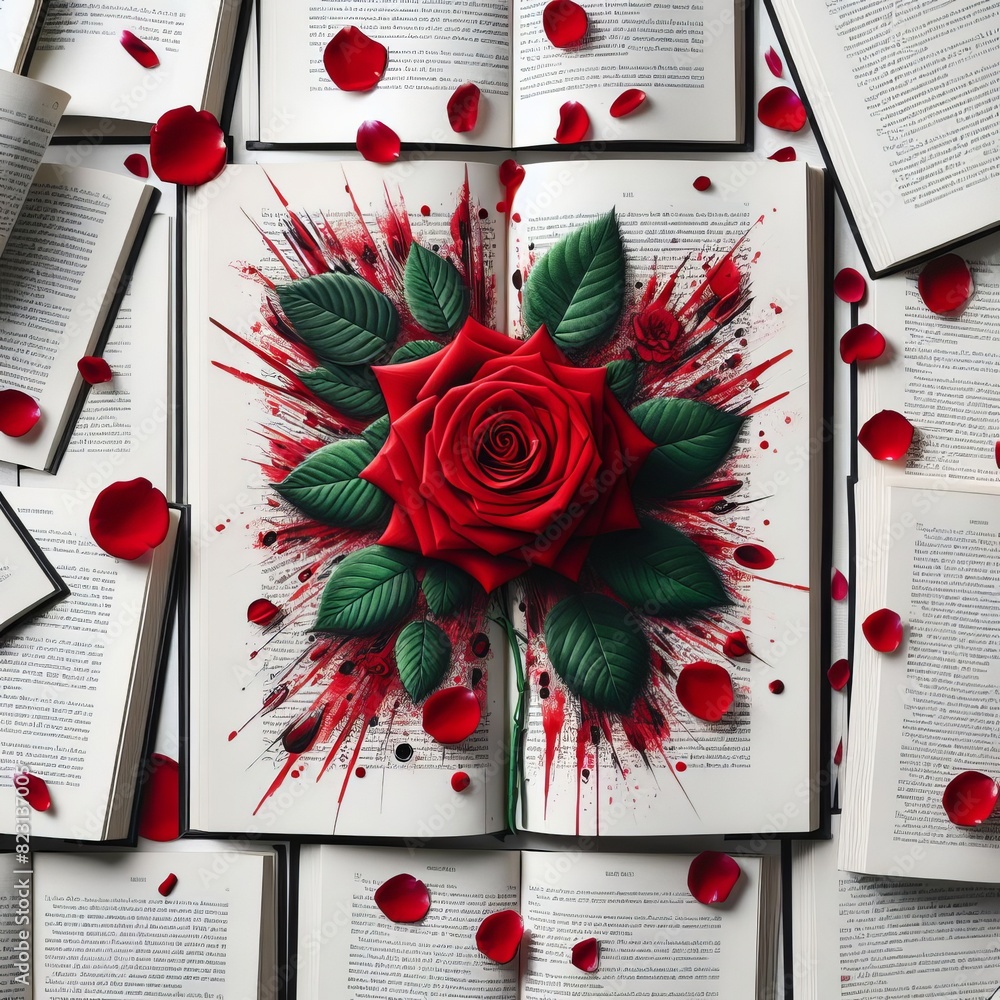 Poster Artistic depiction of a vibrant red rose bursting from open books with splashes of red ink and petals, symbolizing passionate learning.. AI Generation