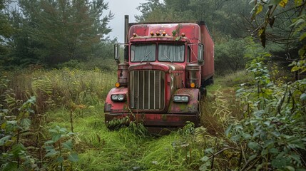 Fototapeta premium An old red truck covered in vines