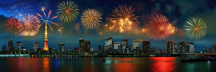 Obraz premium Festive Fireworks Display Above Urban Skyline at Night