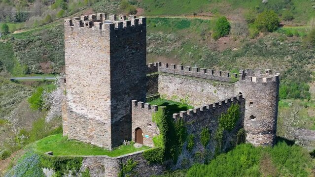 Aerial view of Doiras Castle, Medieval Fortification And Monument in Cervantes, Spain