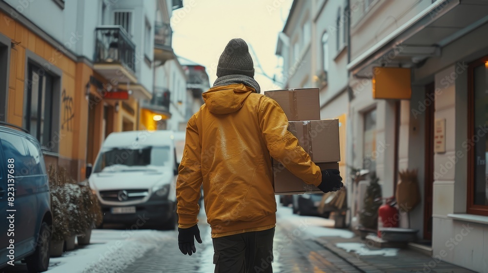 Poster A behind view of a delivery driver delivering a parcel to a customer. Generative AI.