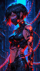 Portrait of an anime style cyberpunk female ninja warrior on a dark moody and atmospheric background