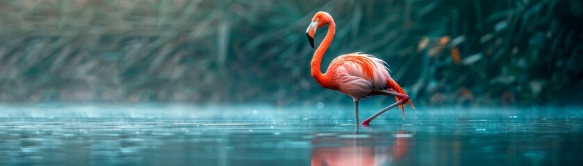 A stunning shot of a lone flamingo standing in calm water with soft background scenery. Perfect for nature and wildlife themes.