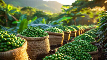 Brazilian coffee beans harvest scene