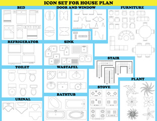 A set of icons for a house plan.  A set of icons for a house plan. The icons include a refrigerator, sink, toilet, bathtub, and a window.