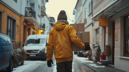 A behind view of a delivery driver delivering a parcel to a customer. Generative AI.