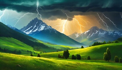 thunderstorm with lightning strikes the mountain landscape of green pasture