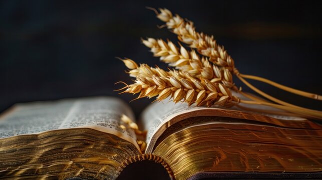 A Stalk of barley on open holy bible book with golden pages with dark background.