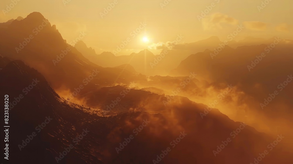 Wall mural a cinematic still of mountains with sun setting, warm colors, beautiful, foggy, muted tones, and golden hour - Wall murals