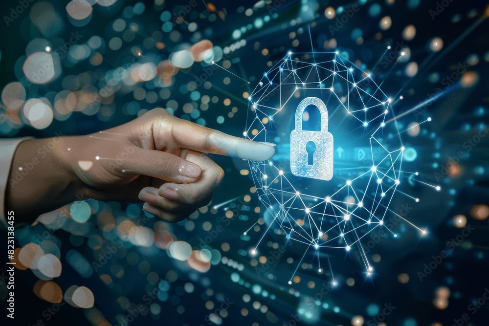 Poster digital network security with glowing light points and holographic lock
