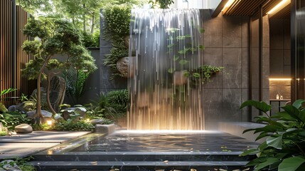 Private corner of the yard with a fountain in the form of a waterfall modern style a lot of greenery mysterious atmosphere 3D realistic visualization evening summer. Generative AI.