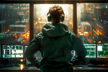 Obraz premium NOC Engineer Addressing System Alerts in Advanced Control Room