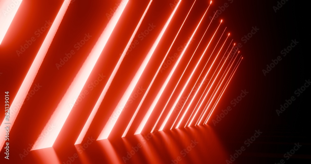 Poster abstract geometric pattern of glowing red neon lines in dark background 3d rendering