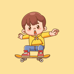 Cute boy Playing Skateboard jump kawaii chibi character mascot illustration outline style