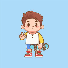 Cute boy Playing Skateboard kawaii chibi character mascot illustration outline design