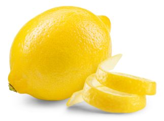 Lemon fruit with twisted zest isolated. Whole lemon and a peel on white background. Lemons isolated. With clipping path. Full depth of field.