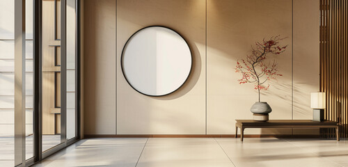 Beige wall in a corridor displays a small circular blank frame, extended view.