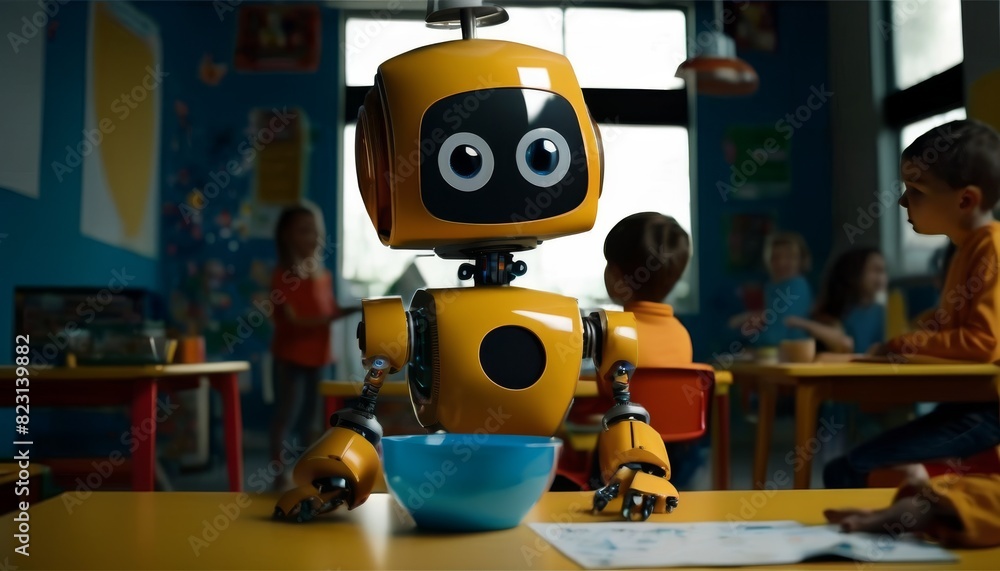 Poster a friendly yellow robot with a digital face interacts with children in a colorful classroom, illustr