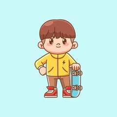 Cute boy Playing Skateboard sport kawaii chibi character mascot illustration outline style design