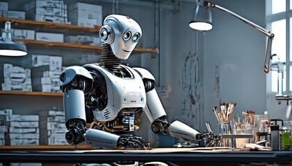 An advanced humanoid robot sketches with precision in a creative studio, surrounded by art supplies and soft lighting.. AI Generation