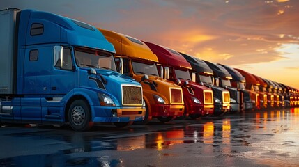 A row of semi trucks are parked in a lot