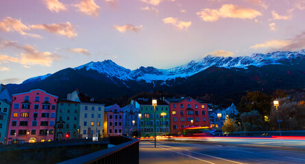 The colorful buildings with the long exposure at Innsbruck in the night, Austria