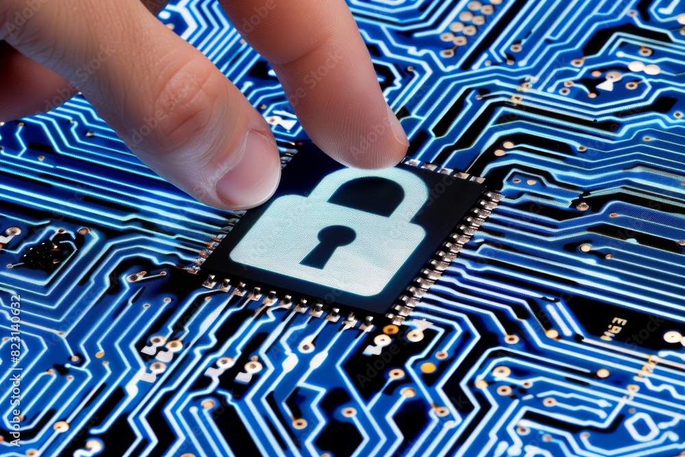 Poster secure cyber protection with microchip and blue circuit board design
