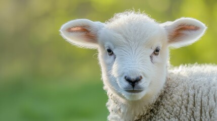 Obraz premium Young lamb in a lush green field at sunrise.