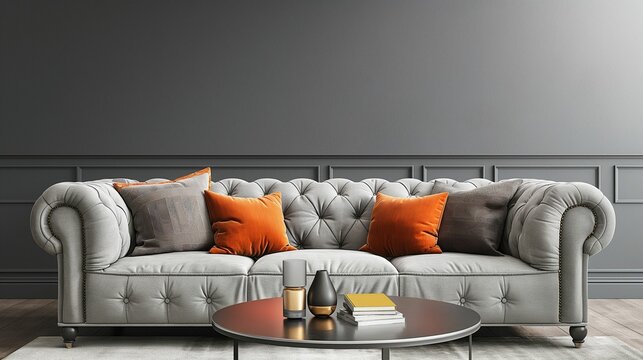 Elegant grey tufted sofa with orange cushions against a grey paneled wall.
