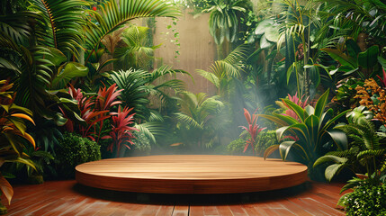 Wooden stage with tropical foliage and beach landscape, ideal for marketing presentations