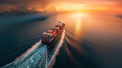 container ship sailing full speed to transport goods in containers for import export internationally 
