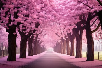 a road lined with pink trees