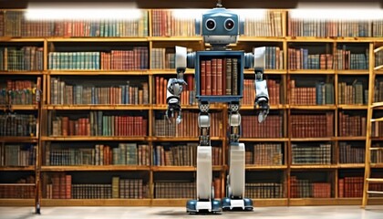 A charming blue and white robot stands in a large library, surrounded by shelves filled with classic books, evoking a blend of old and new.. AI Generation