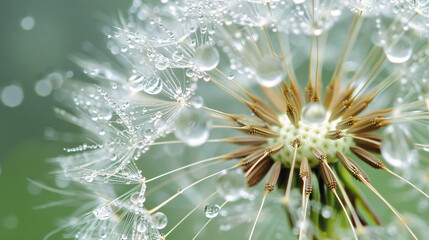 Close-up of a dandelion with water droplets background for nature and spring themes, featuring a dandelion with water droplets, with copy space text, for nature and spring themes.
