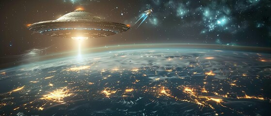 A space scene with a spaceship and an alien ship flying through the sky