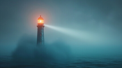 A lighthouse beam pierces the fog, its fiery eye guiding sailors home.