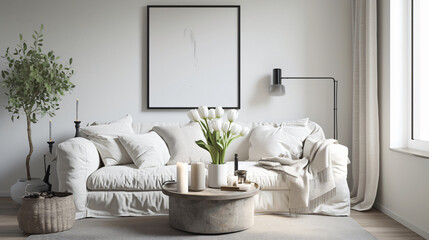 Minimalist living room with a white sofa and a vase of tulips background for interior design and home decor, featuring a white sofa and a vase of tulips, with copy space text, for home staging 